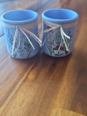 Decorative Blue Ceramic Jars with Decopaged Floral Design  - Set of 2.